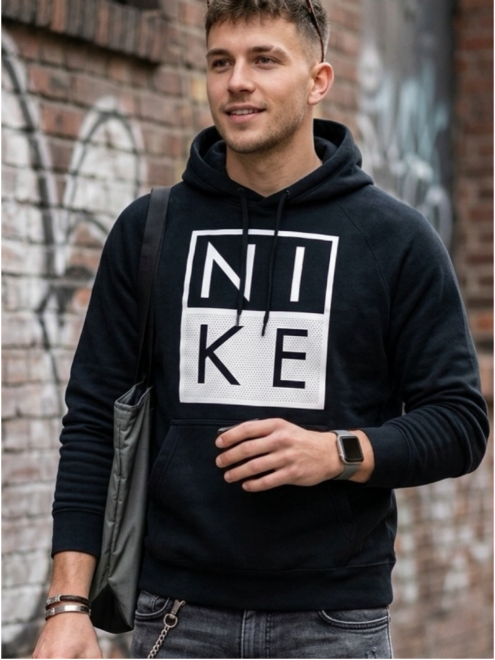 Nike Sportswear Men's Block Box Logo Pullover Fleece Hoodie Black White L 1471